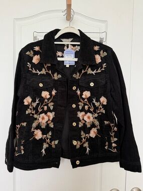 NWT April Cornell Black Montreal Corduroy Jacket with Floral Embroidery size L